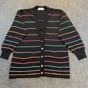 Vintage 80s Sweater Bee Banff Rainbow Stripe Black Cardigan Sweater Women Medium
